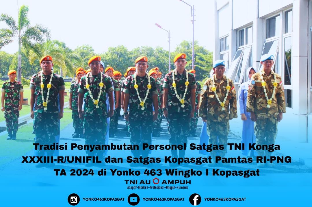 Tradisi Penyambutan Personel Satgas TNI Konga XXXIII-R/UNIFIL dan Satgas Kopasgat Pamtas RI-PNG TA 2024 di Yonko 463 Wingko I Kopasgat