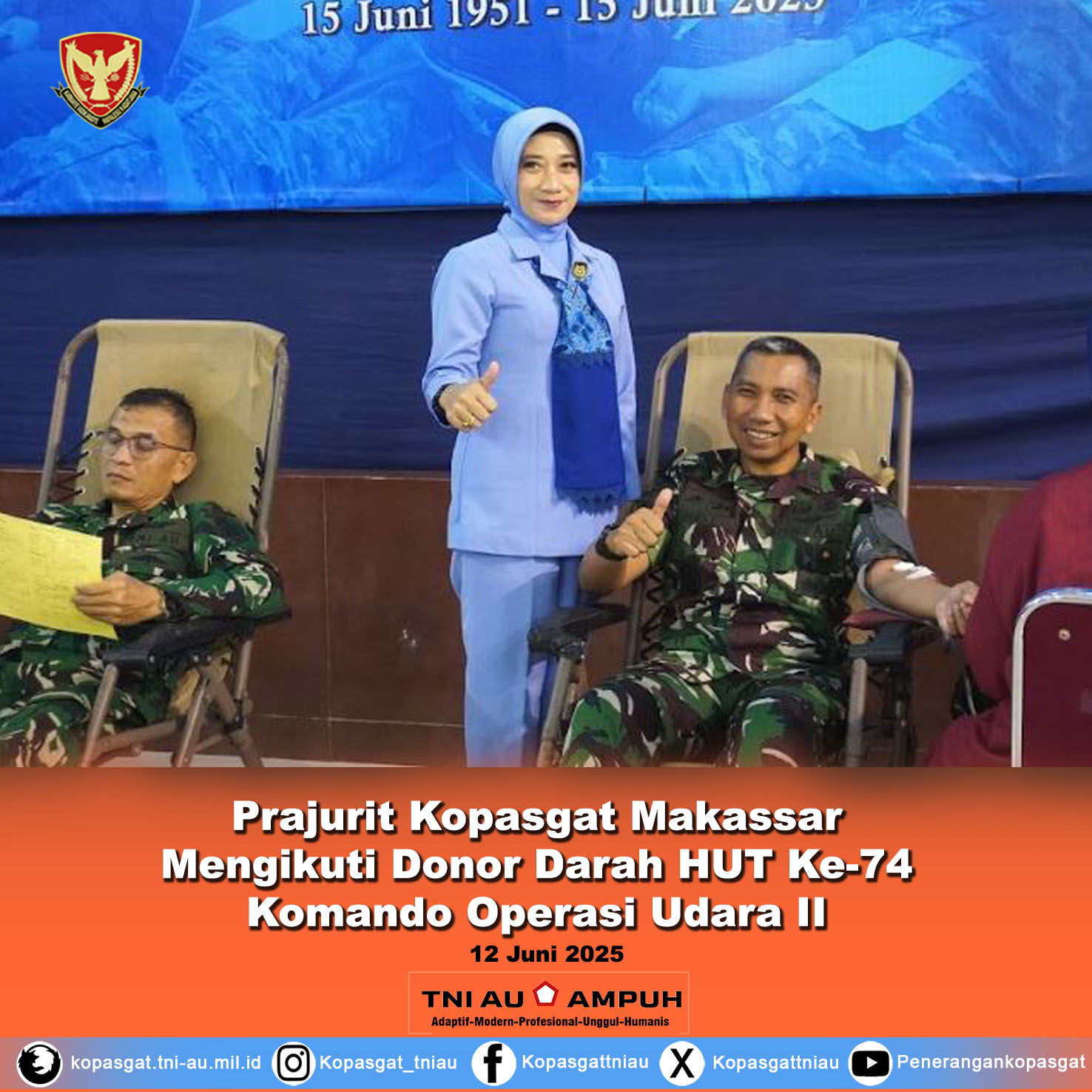 Prajurit Kopasgat Makassar Mengikuti Donor Darah Dalam Rangka HUT Ke-74 Komando Operasi Udara II