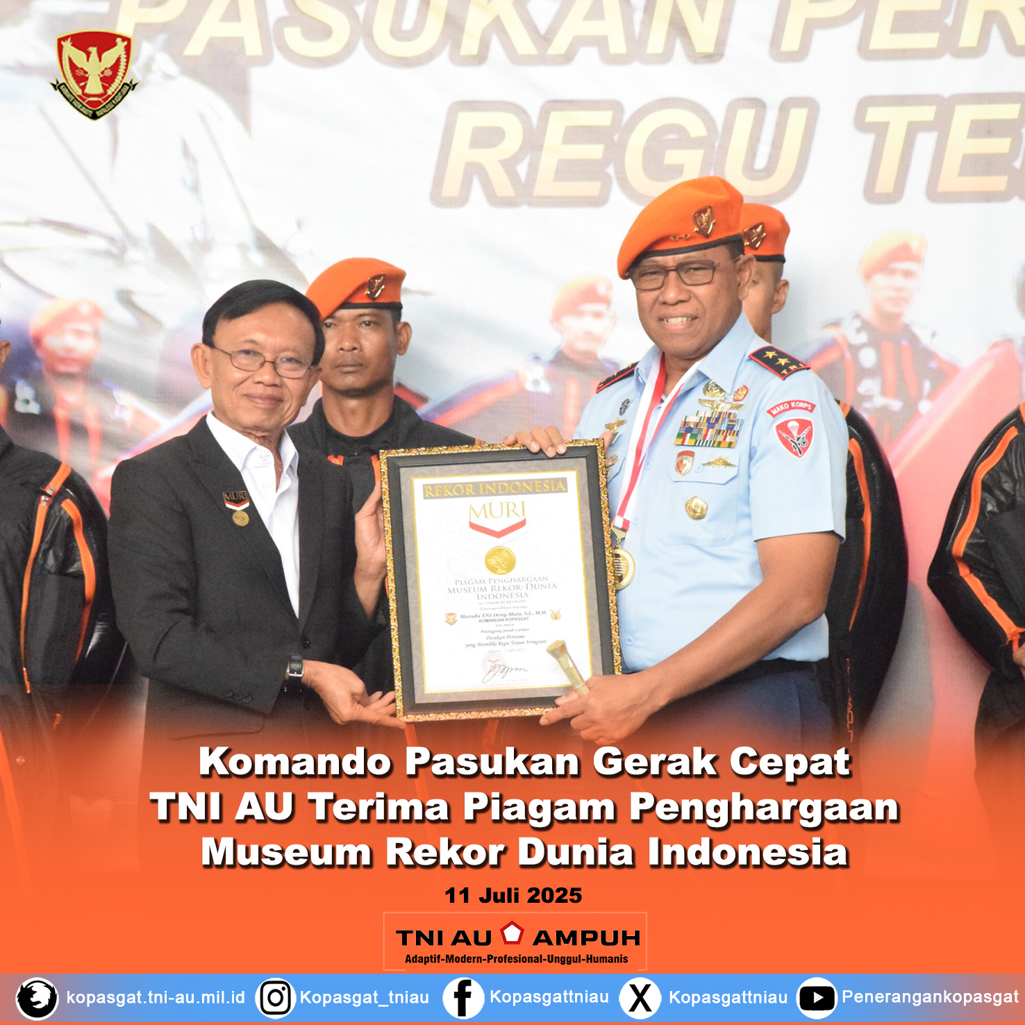 Komando Pasukan Gerak Cepat TNI AU Terima Piagam Penghargaan Museum Rekor Dunia Indonesia Sebagai Pasukan Pertama Yang Memiliki Regu Terjun Wingsuit