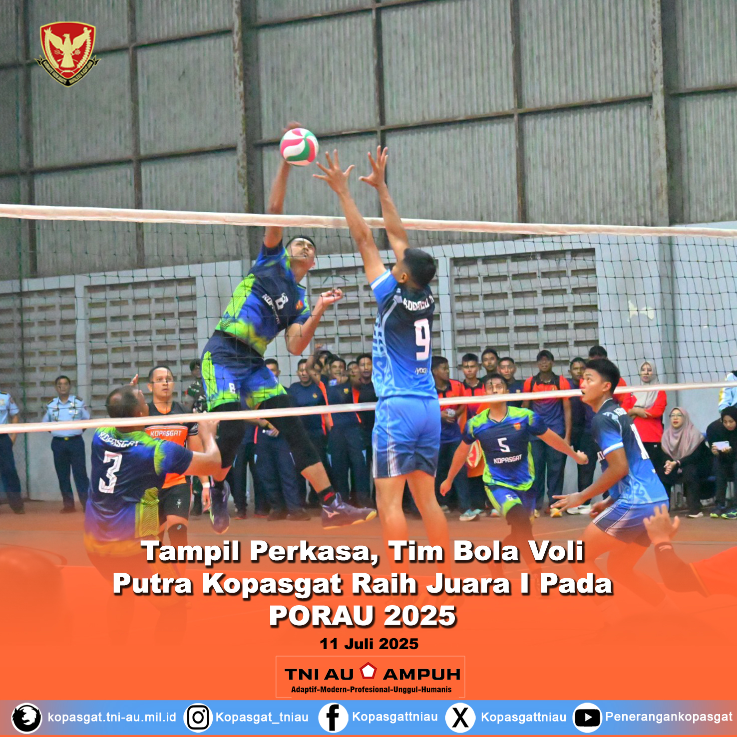 Tampil Perkasa, Tim Bola Voli Putra Kopasgat Raih Juara I Pada PORAU 2025