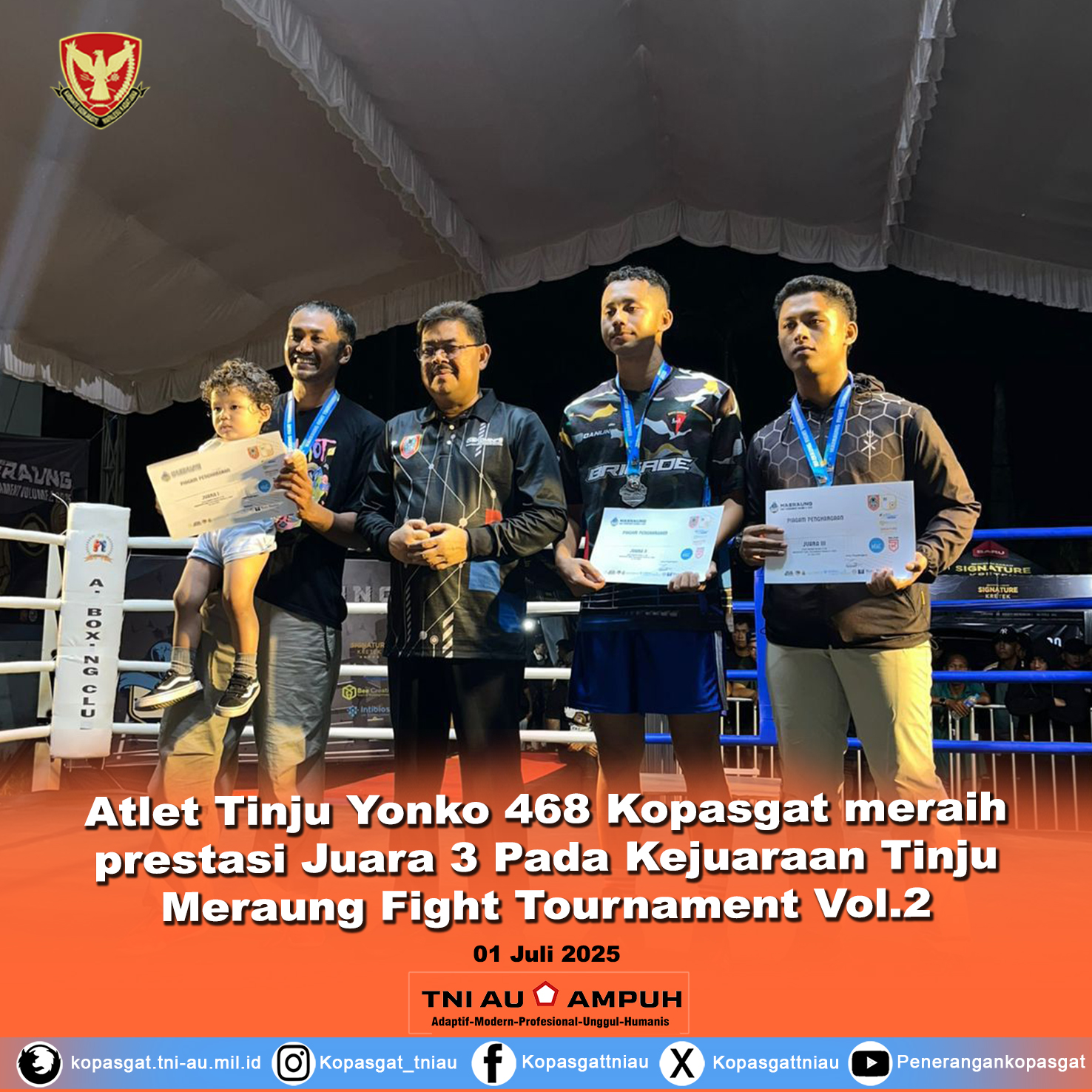 Atlet Tinju Batalyon Komando 468 Kopasgat meraih prestasi Juara 3 Pada Kejuaraan Tinju Meraung Fight Tournament Vol.2