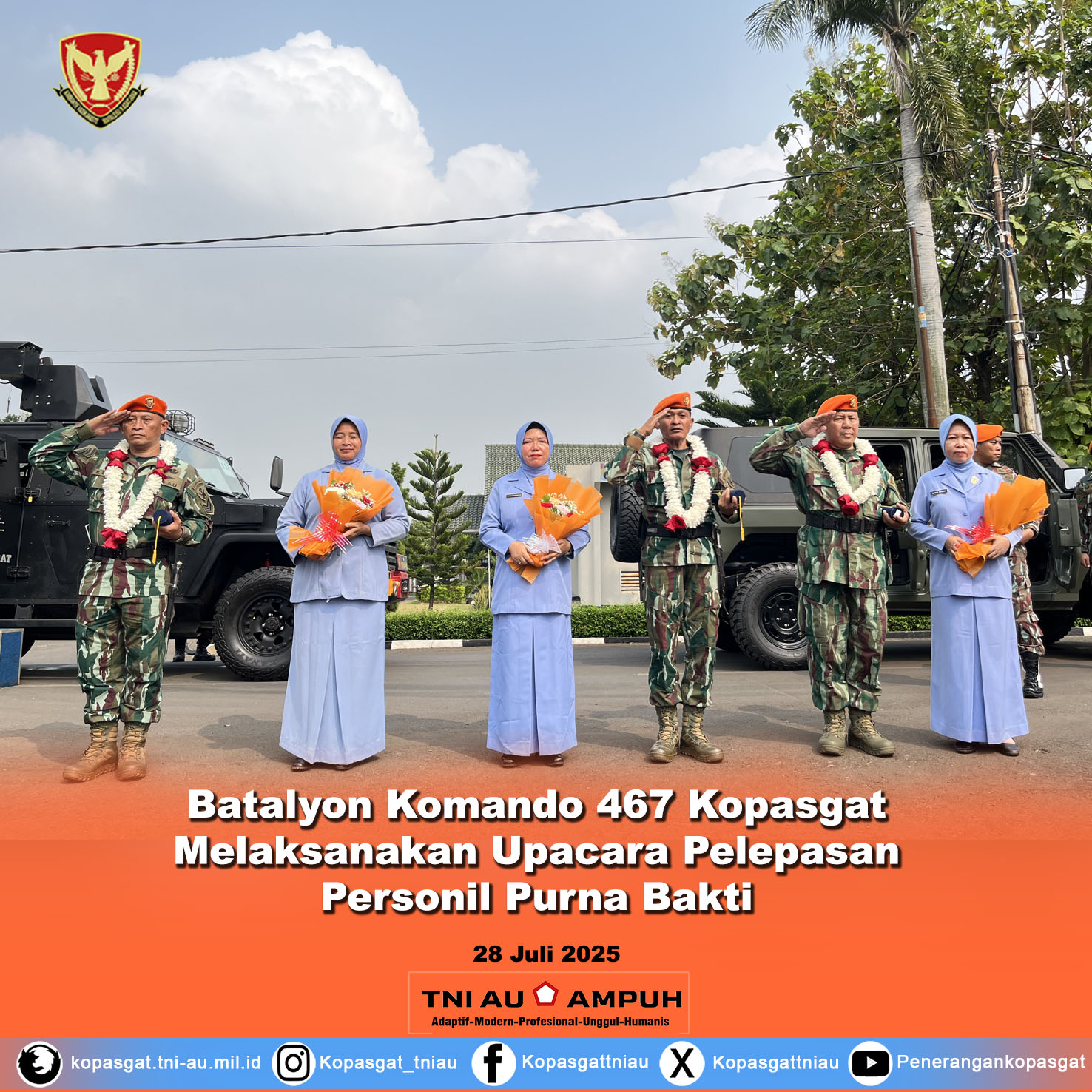 Batalyon Komando 467 Kopasgat Melaksanakan Upacara Pelepasan Personil Purna Bakti