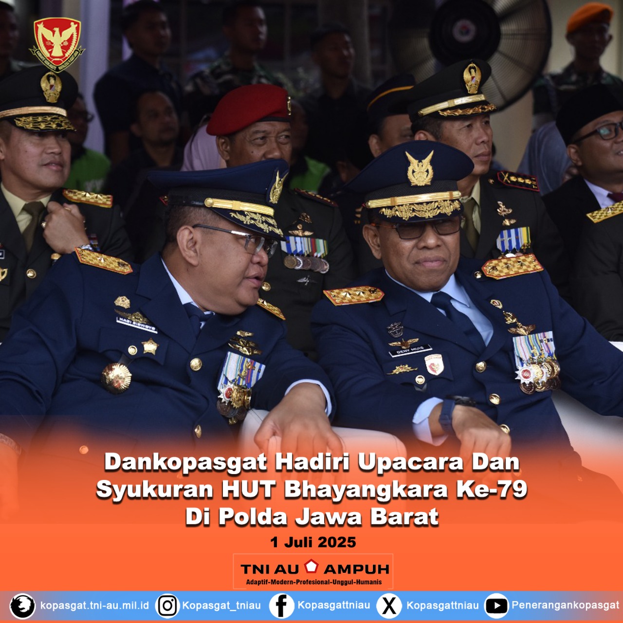 Dankopasgat Hadiri Upacara dan Syukuran Hari Bhayangkara ke-79 di Polda Jawa Barat