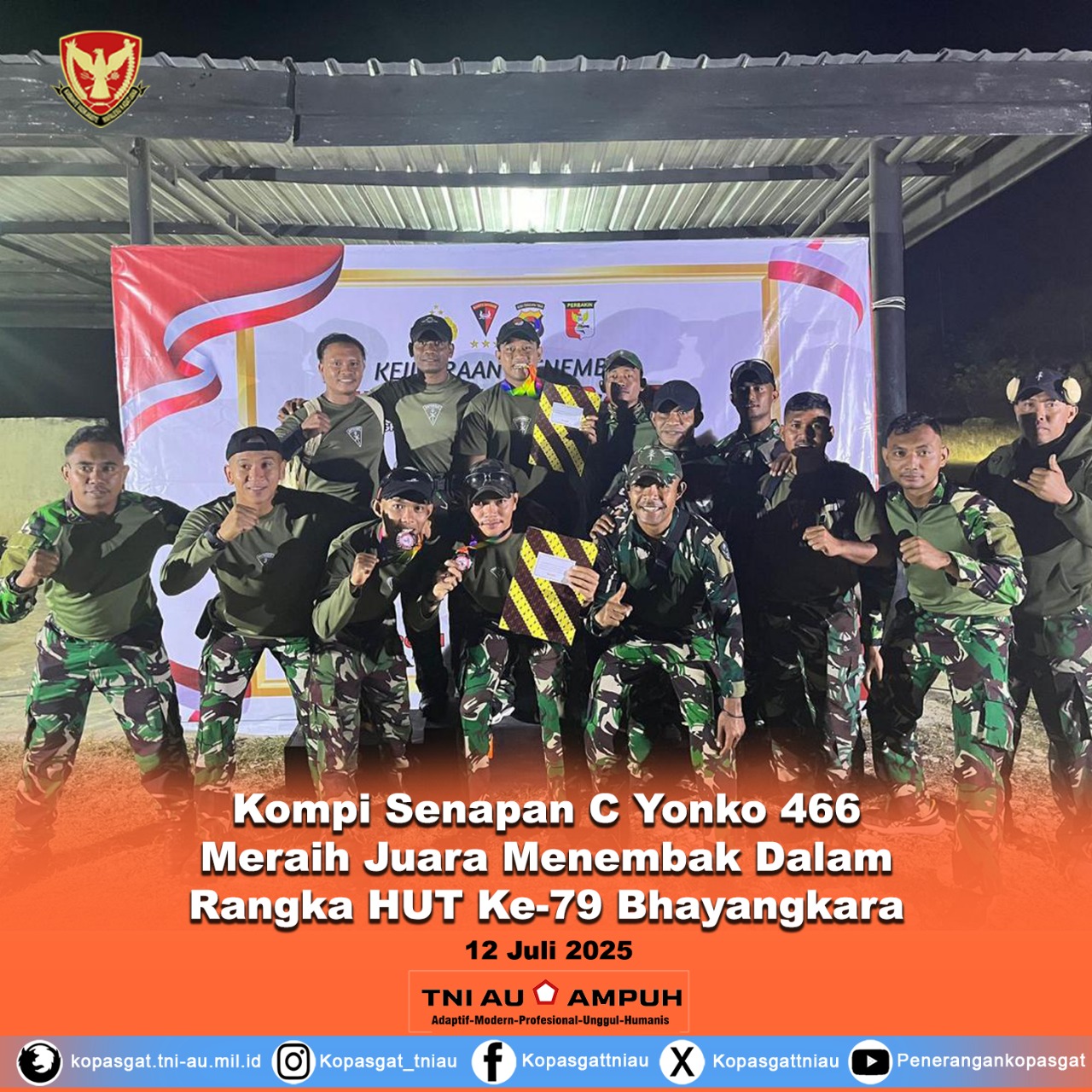 Kompi Senapan C Yonko 466 Kopasgat Meraih Juara Di Perlombaan Menembak Senapan Dalam Rangka HUT KE-79 Bhayangkara