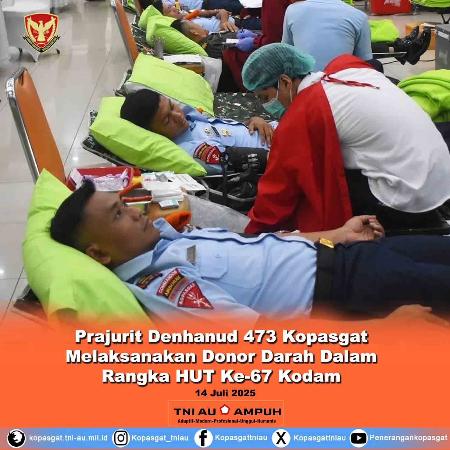 Prajurit Denhanud 473 Kopasgat Melaksanakan Donor Darah Dalam Rangka HUT Ke-67 Kodam XII/Tanjungpura